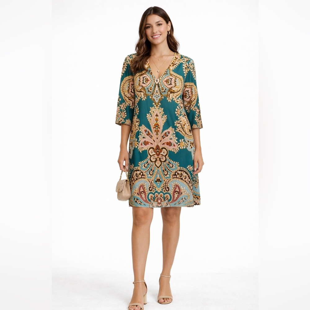 Chicos Bohemian Teal and Brown Dress